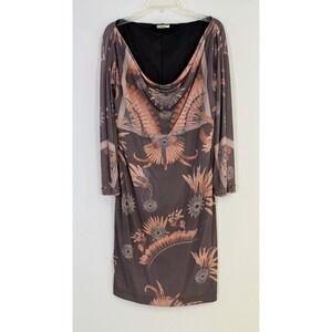 Angelo Marani 100 % Silk Brown Feather Print Dress Midi Long Sleeve Italy Sz 48